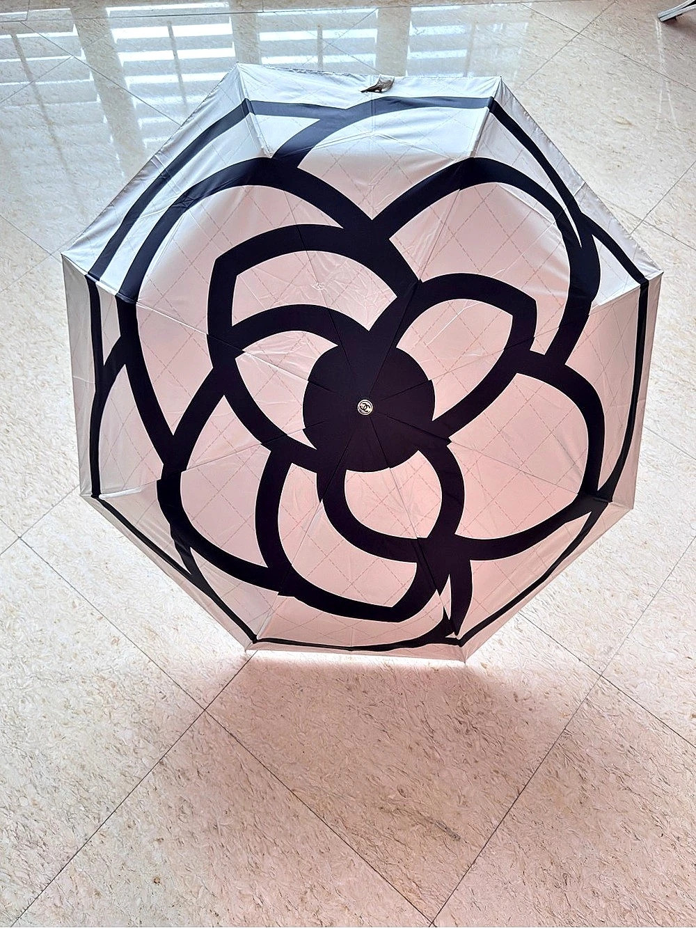 Chanel Camellia Print Folding Umbrella White & Black